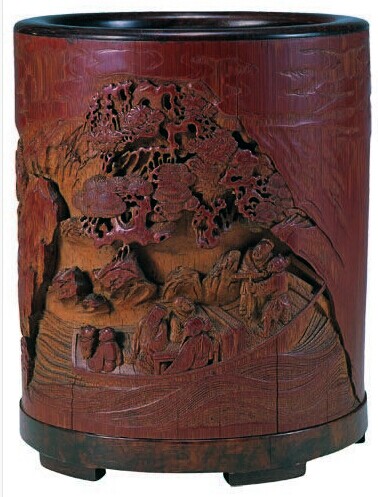 【国産好評】【琴》送料無料 中国美術 竹造漢詩風景彫刻筆筒 WG268 木工、竹工芸
